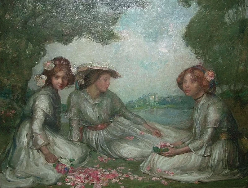 Henrietta Rae - Tre donne con fiori sulle rive di un lago con bosco e un castello in lontananza